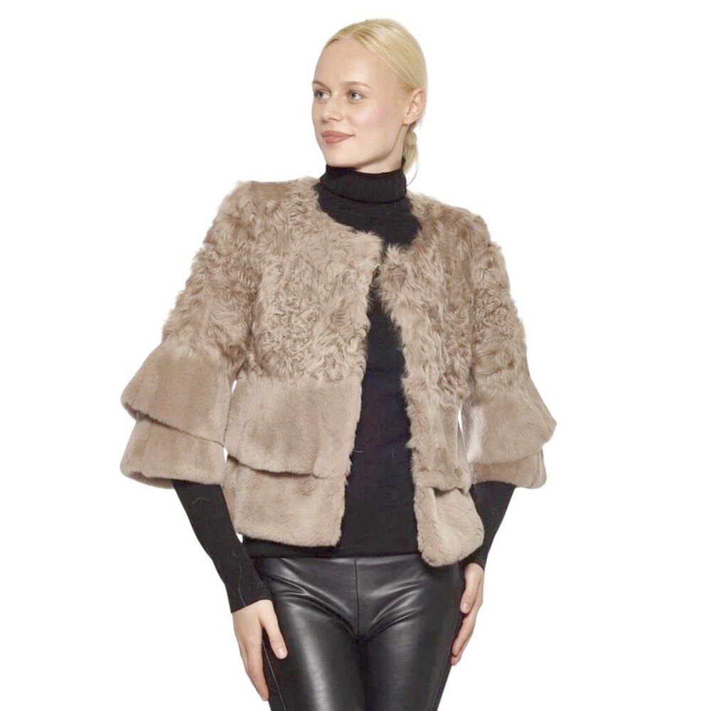 Linda‎ Richards Genuine Rex Rabbit Fur and Lamb Bracelet Sleeve Jacket Medium
